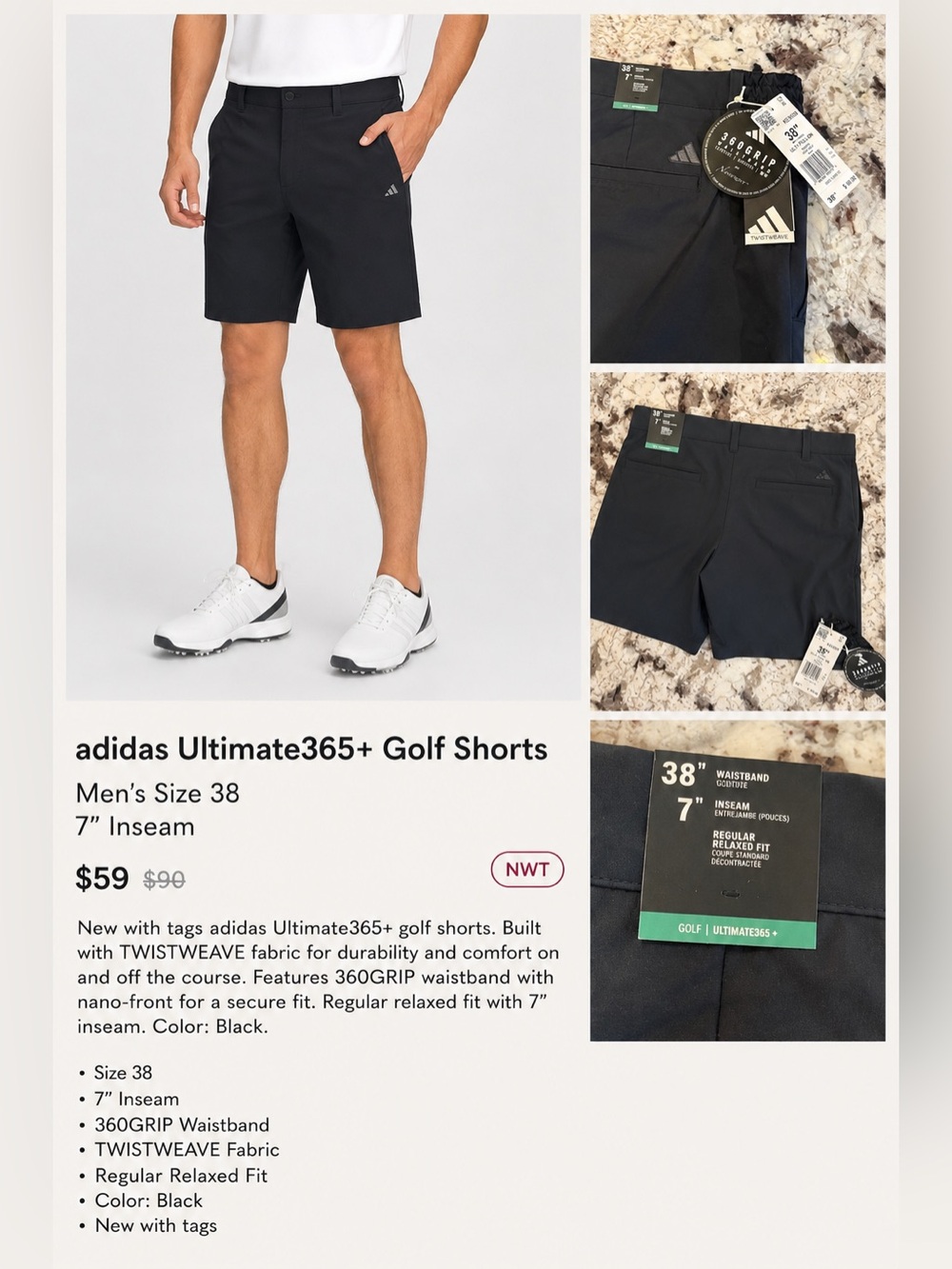 NWT adidas Ultimate365+ Golf Shorts Men’s 38 Black 7” Inseam 360GRIP Performance
